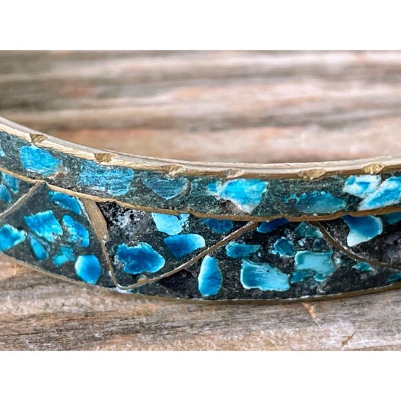 Vintage 1960s Crushed Blue Turquoise India Brass Bangle Bracelets - Picture 10 of 14